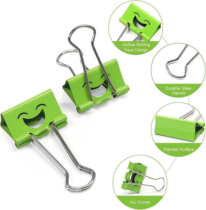 Coideal Smiley Binder Paper Clips - 100 Pcs Assorted Sizes and Colors, Metal Colored Fun Clip Clamps with Cute Smiling Face Design for Office (19mm & 25mm)