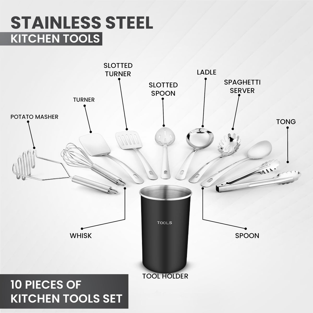 Avador® Premium Set of 10 Stainless Steel (BLACK HOLDER) Kitchen Tool Set with Holder Easy To Clean, Space Saving, Great for Cooking, Baking, Prepping (BLACK)