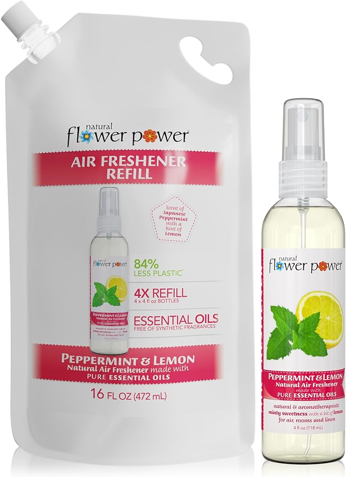 Natural Flower Power Air Freshener Spray Refills - Odor Eliminator w/Essential Oils - Home, Car & Fabric - Cruelty Free & Vegan – Peppermint & Lemon Spray 4 fl oz + Refill 16 fl oz Combo