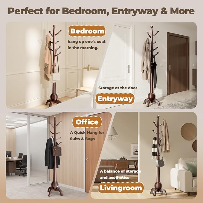 Wood Coat Rack Freestanding, Solid Wooden Hall Tree with 8 Hooks, Coat Tree Freestanding Heavy Duty with Stable Base, Entryway Hallway Bedroom Office Use, 240lbs Load Capacity H:71.6in (Walnut)