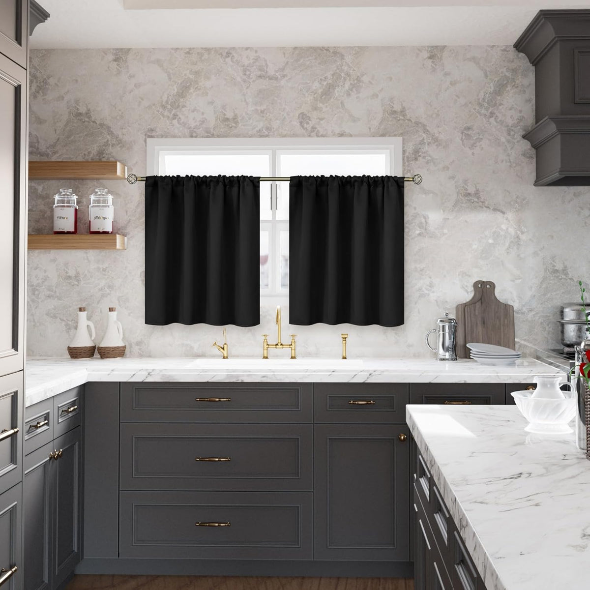 BGment Black Small Curtains 30 Inch Length for Kitchen Cafe Window - Half Window Drapes with Rod Pocket Short Darkening Blinds Privacy for RV Front Door Bathroom, 2 Panels, 29 x 30 Inch