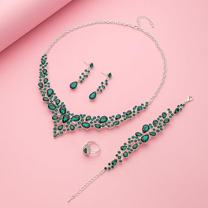Crystal Bridal Wedding Jewelry Sets for Women Rhinestone Teardrop Crystal Statement Choker Necklace Drop Earrings Link Bracelets Rings Teardrop Jewelry Set for Brides Bridesmaids