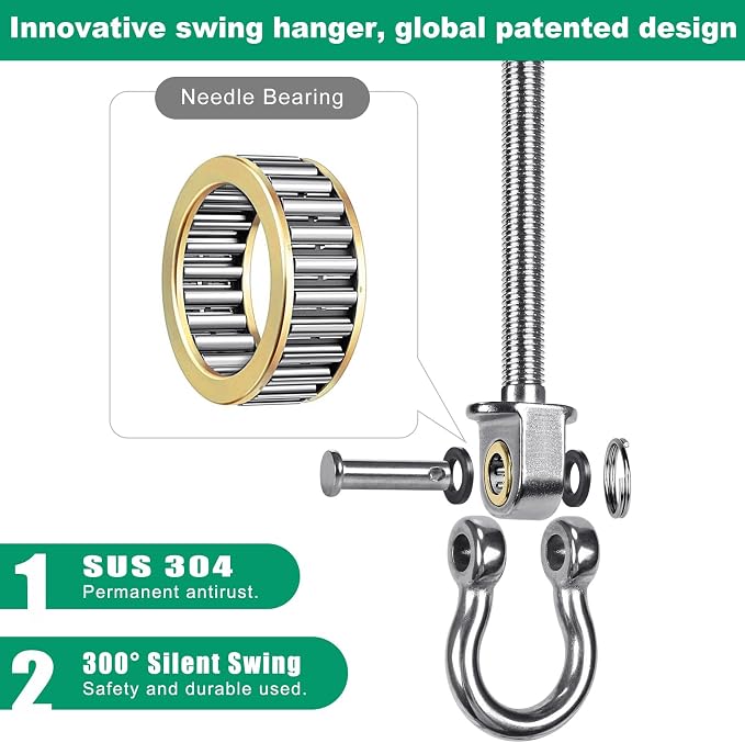 SELEWARE Heavy Duty Bearing Swing Hangers, 2 Pack Stainless Steel Swing Set Hooks for Wood and Steel Beam, for Hammock, Yoga Swing, Porch Swing, Heavy Bag, 5" x M2/5", 1500LB Capacity