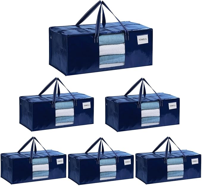 VENO 6 Pack Moving Bags Extra Large Storage Bags for College Move-In, Heavy-Duty Storage Totes, Packing Boxes, and Wardrobe Moving Supplies - Durable Laundry Bags for Clothes (Blue w/Window, 6 Pack)