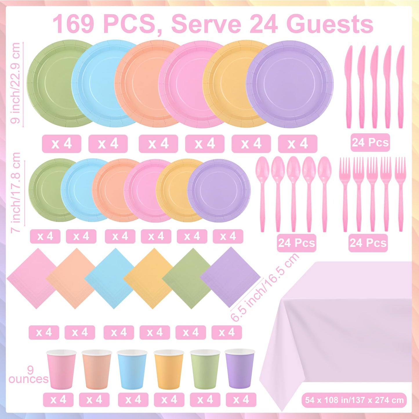 Kochorie 169 Pieces Pastel Party Supplies Disposable Dinnerware Set Include Plates and Cups Napkins Plastic Forks Knives Spoons Tablecloth for Wedding Birthday Party Decorations, Serve 24 Guests
