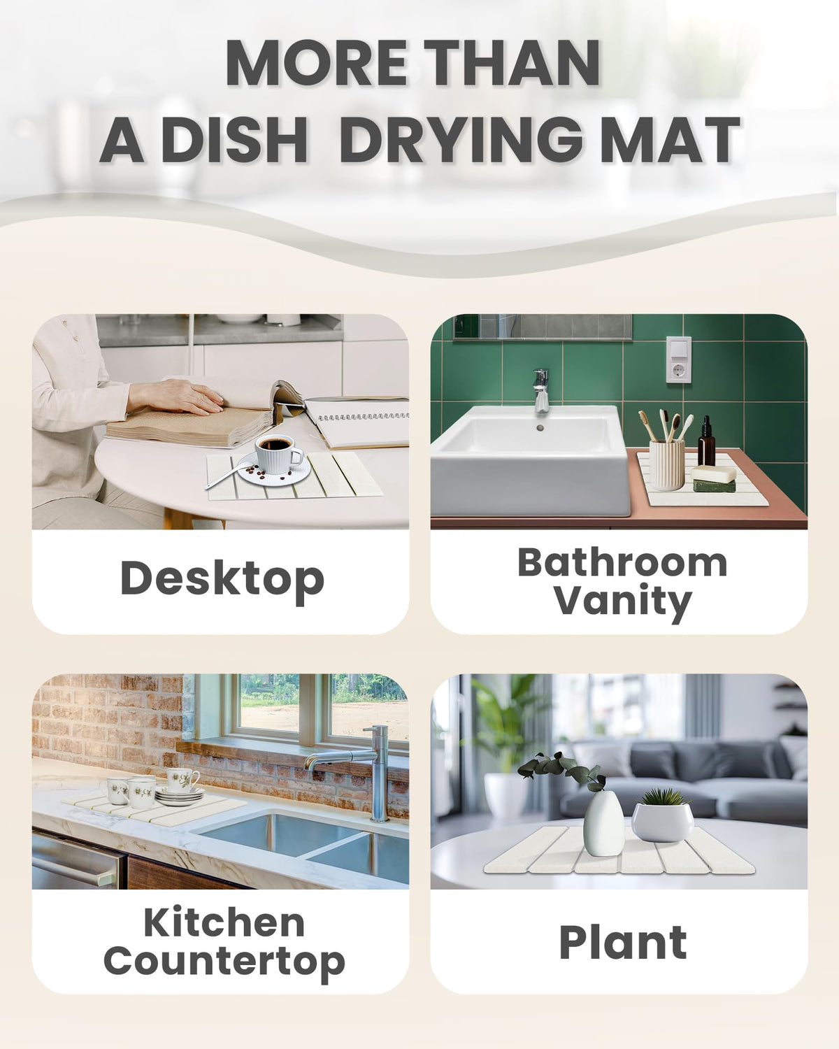 WBahatii Stone Drying Mat for Kitchen Counter, 16"×12" Heat-resistant Mat, Collapsible and Super Absorbent Dish Drying Stone Mat, Diatomaceous Earth Mats for Dishes Bottles Cups, White