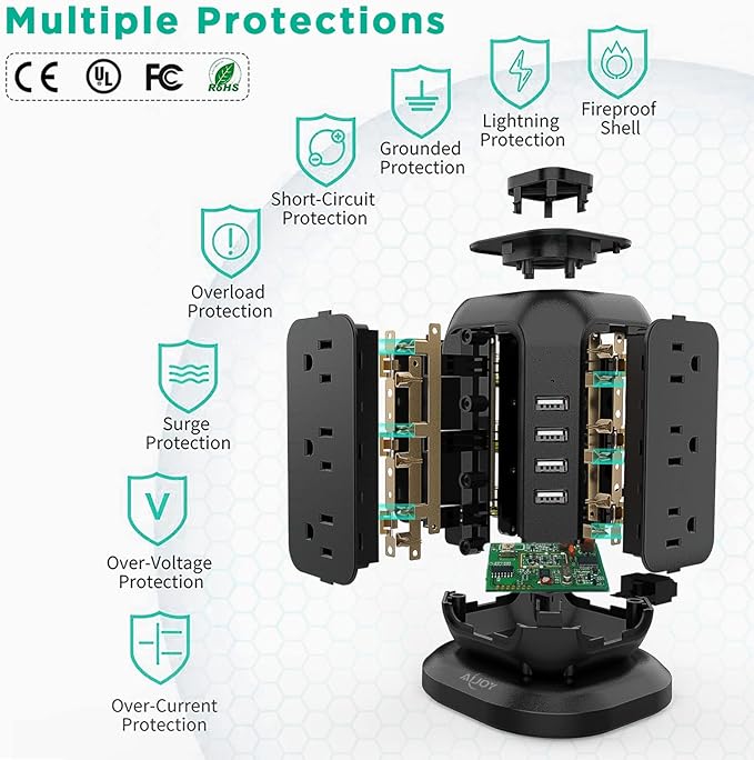 AiJoy Power Strip Tower 16.4 ft Cord, Surge Protector with 12 AC Outlet and 4 USB Ports, Charging Station Extension Cord with Multiple Outlets for Home, Office, Dorm Room Essentials