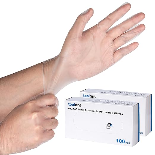 OKIAAS Disposable Gloves L, Food Safe, Bulk of 200 Pcs|Latex and Powder-Free Clear Vinyl Gloves for Cleaning, Food Prep