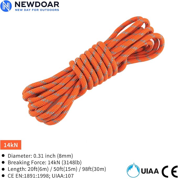 NewDoar 8mm (5/16in) Accessory Cord Rope CE 21KN Double Braid Pre Cut for Outdoor Survival, Mountaineering, Prusik,Hauling Dragginge(Orange 8mm,50FT)