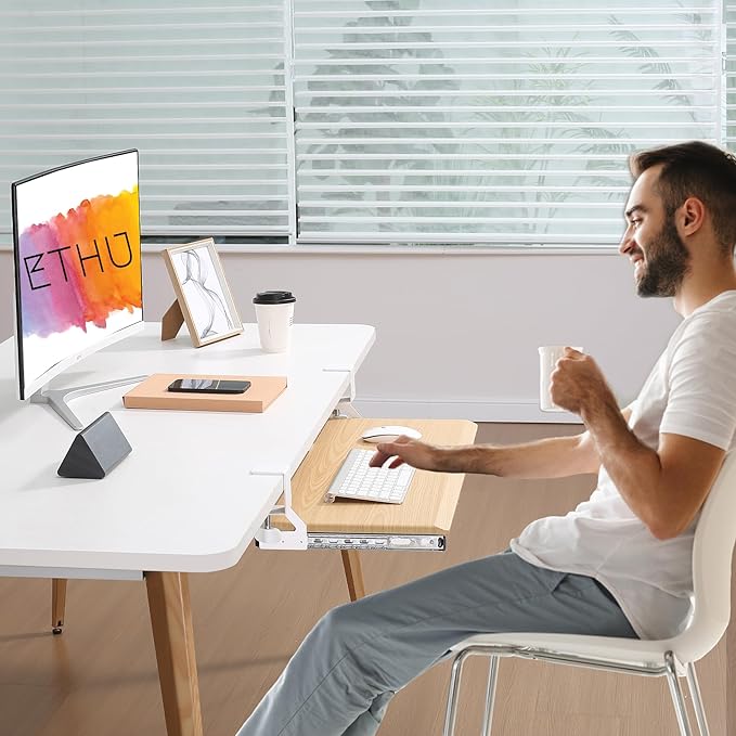 ETHU Keyboard Tray Under Desk, Pull Out Keyboard & Mouse Tray with C-clamp, Ergonomic Desk Keyboard Tray Slide Out, Pull Out Platform Drawer for Home and Office（Oak）