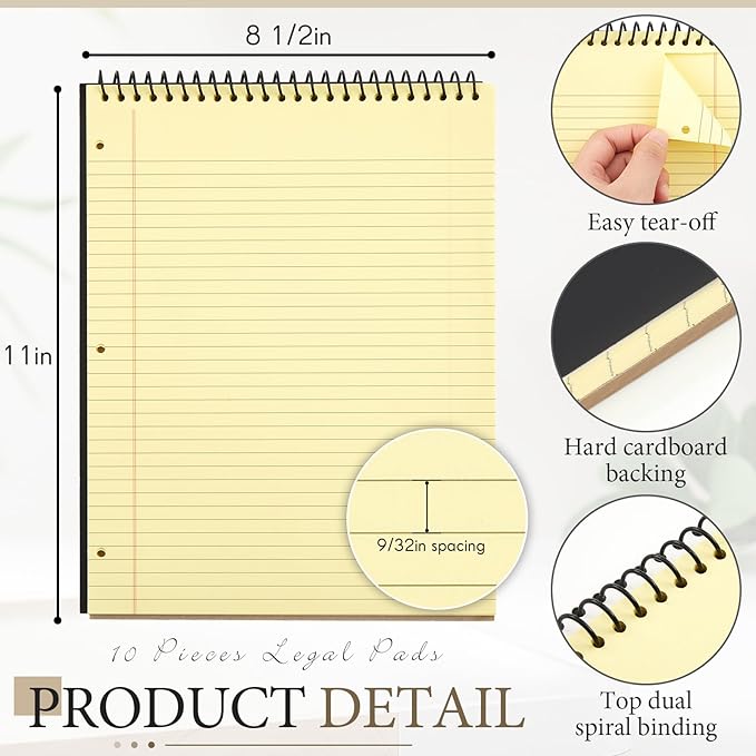 10 Packs 8.5" x 11" Top Spiral Notebook with 3 Hole Punched Legal Pads College Ruled Notepad 50 Sheets Hard Cardboard Paper Wirebound Notepad for Office School Business (Yellow)