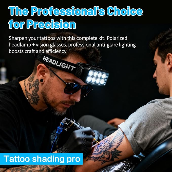 GBK Tattoo Headlamp with Motion Sensor,Polarized Vision Glasses,Rechargeable Headlight,2500 Lumen LED Head Light for Tattoo Artists, Anti Glare Lighting to Enhance Tattoo Detail(1 Headlamp)