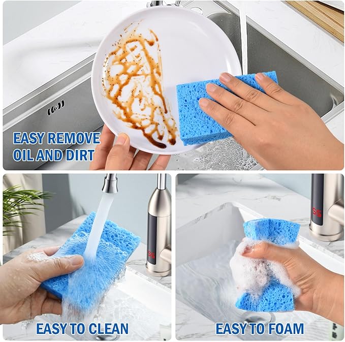 YoleShy Sponges Kitchen 10 Pack Natural Compressed Cellulose Sponges for Dishes Non Scratch for Household Cookware Bathroom Cars Soft Super Absorbent Reusable, Blue and Yellow