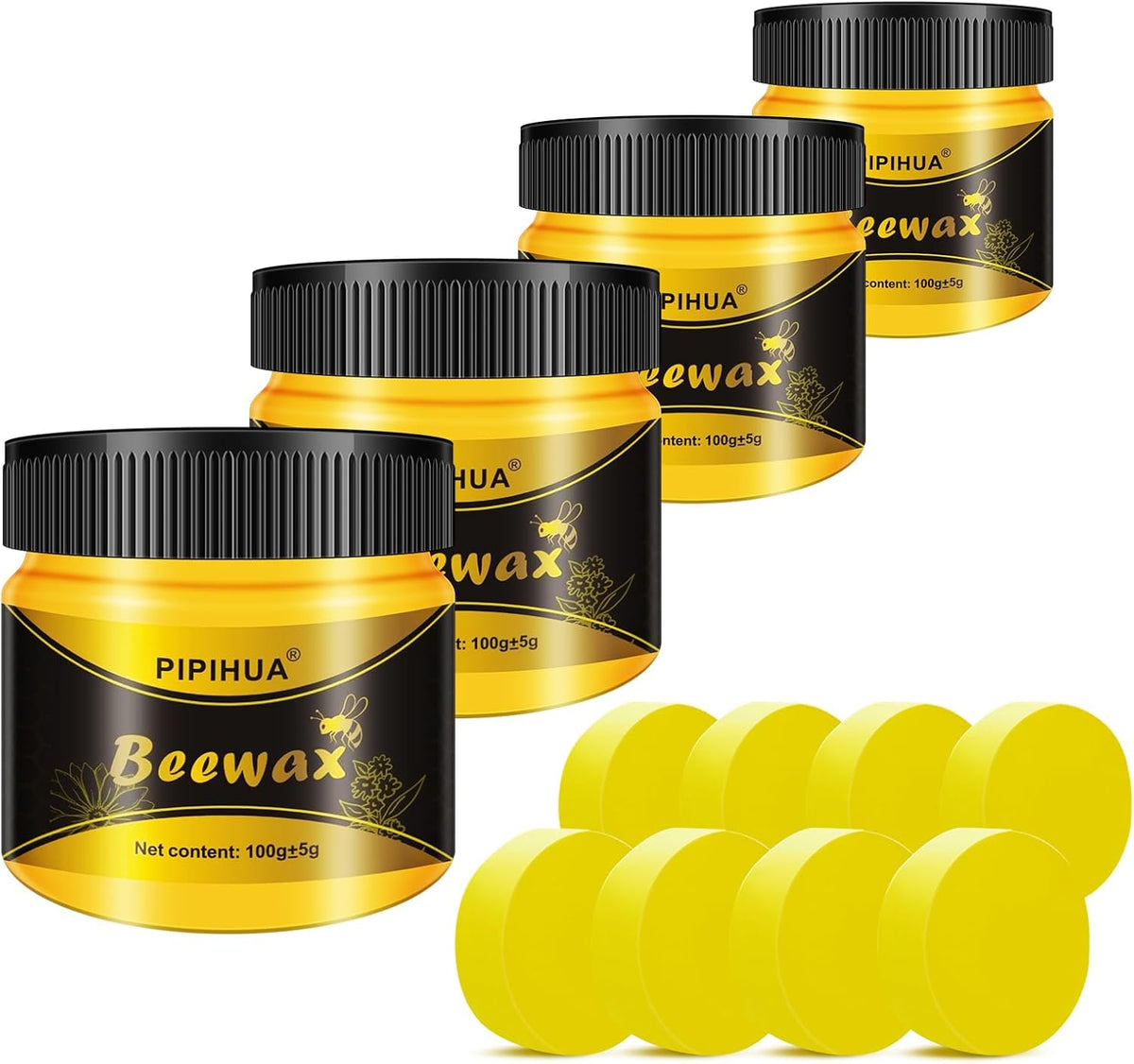 PIPIHUA Beeswax Polish and Conditioner for Wood Furniture - Waterproof & Restorer Wood Wax, Multipurpose Beeswax Furniture Polish and Cleaner for All Types and Colours(4×100g with 8 Sponges)
