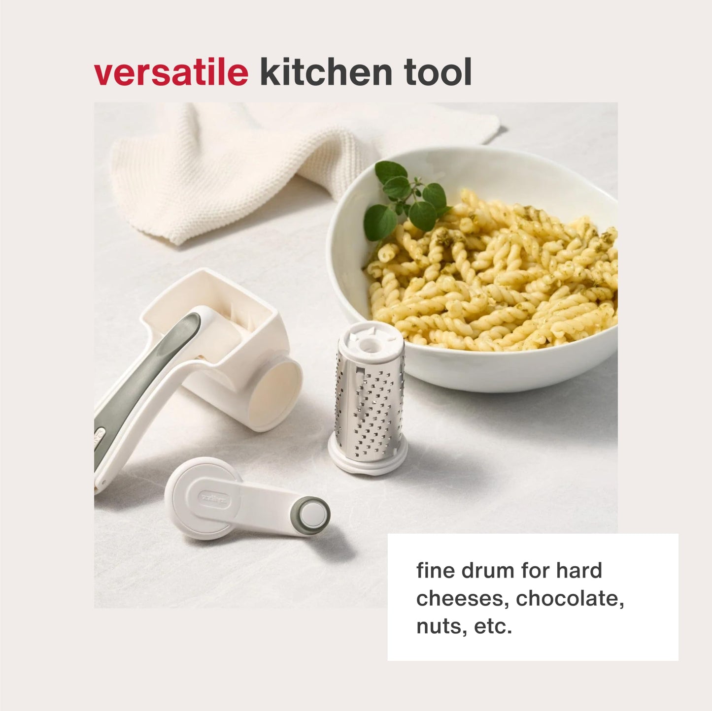 Zyliss Classic Rotary Cheese Grater - NSF Restaurant Certified Handheld Grater - Can be used for Hard Cheese, Chocolate & More - With Comfortable Handle & Easy-to-Clean Drum - White