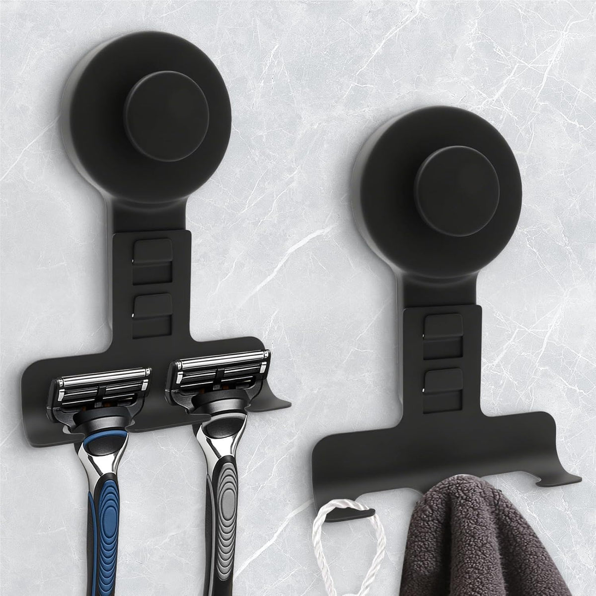Suction Cup Razor Holder for Shower Wall 2 Pack,Heavy-Duty 15lbs Suction Hooks for Razor,Towel,Phone,Loofah, Removable Damage-Free Metal Shower Hook,Shaver Holder(Black)