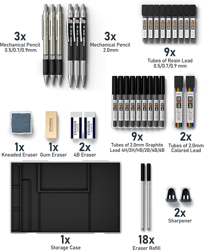 34PCS Art Mechanical Pencil Set, Drafting Pencil 0.5, 0.7, 0.9MM & 3PCS 2.0MM Mechanical Drawing Pencils with 384PCS Leads (6B 4B 2B HB 2H 4H Color) for Artist Sketching Drawing