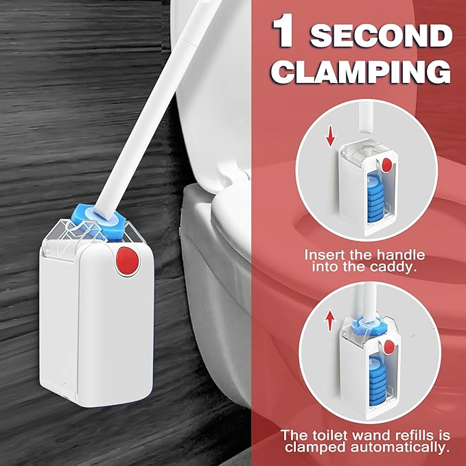 JEHONN Disposable Toilet Bowl Cleaner Wand with Upgraded Clamping System, Wall Mounted Bathroom Scrubber Brush for Bathtub Sink Wash Basin, 16 Refills