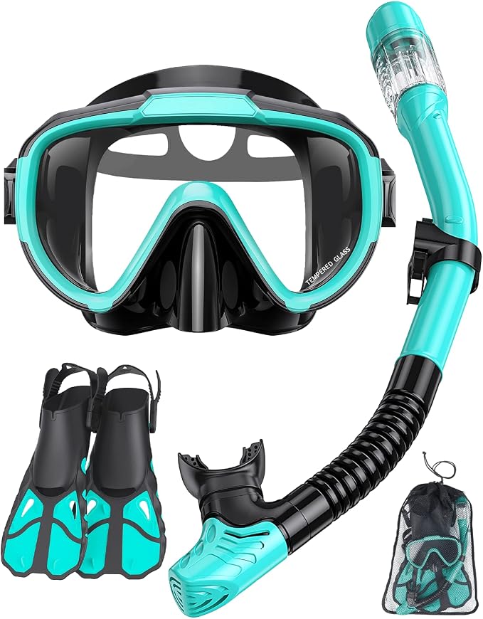 Snorkel Set with Fins for Adults, Snorkeling Gear for Adults Men and Women, Snorkle, Mask Set Adults Dry Top Snorkel Mask Combo Set with Travel Bag for Snorkeling, Diving, Swimming
