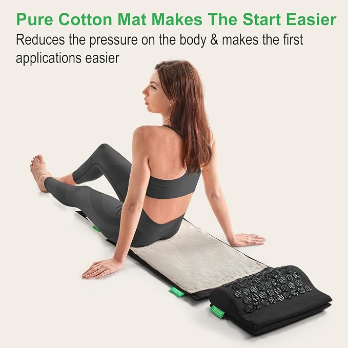 Acupressure Mat and Pillow Set - Full Body Pro Kit for Stress Relief, Muscle Relaxation & Pain Relief - Natural Eco-Friendly Linen & Coconut Fiber Mat - Includes Carrying Bag (Black)