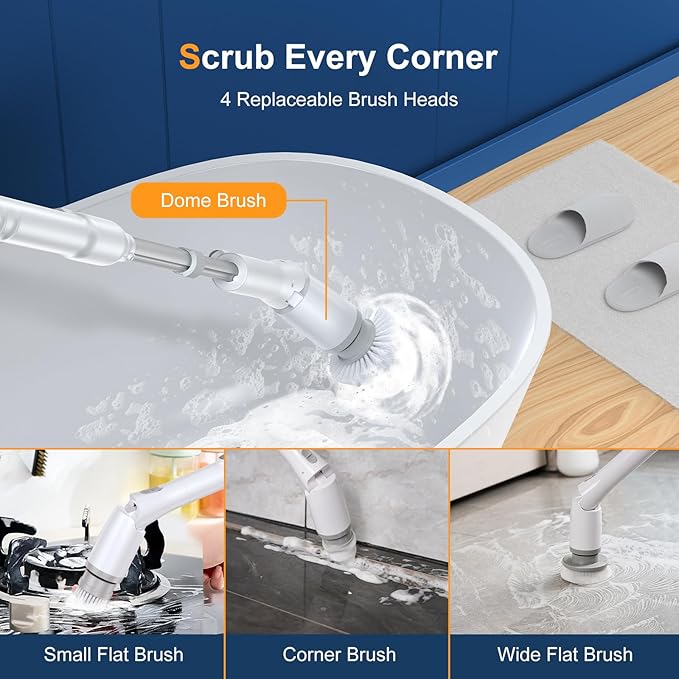 LABIGO Electric Spin Scrubber LA2 Pro, Shower Power Cleaning Brush with Display and 4 Replaceable Heads,2 Adjustable speeds, 3 Extension Handle, for Bathroom Floor Tile