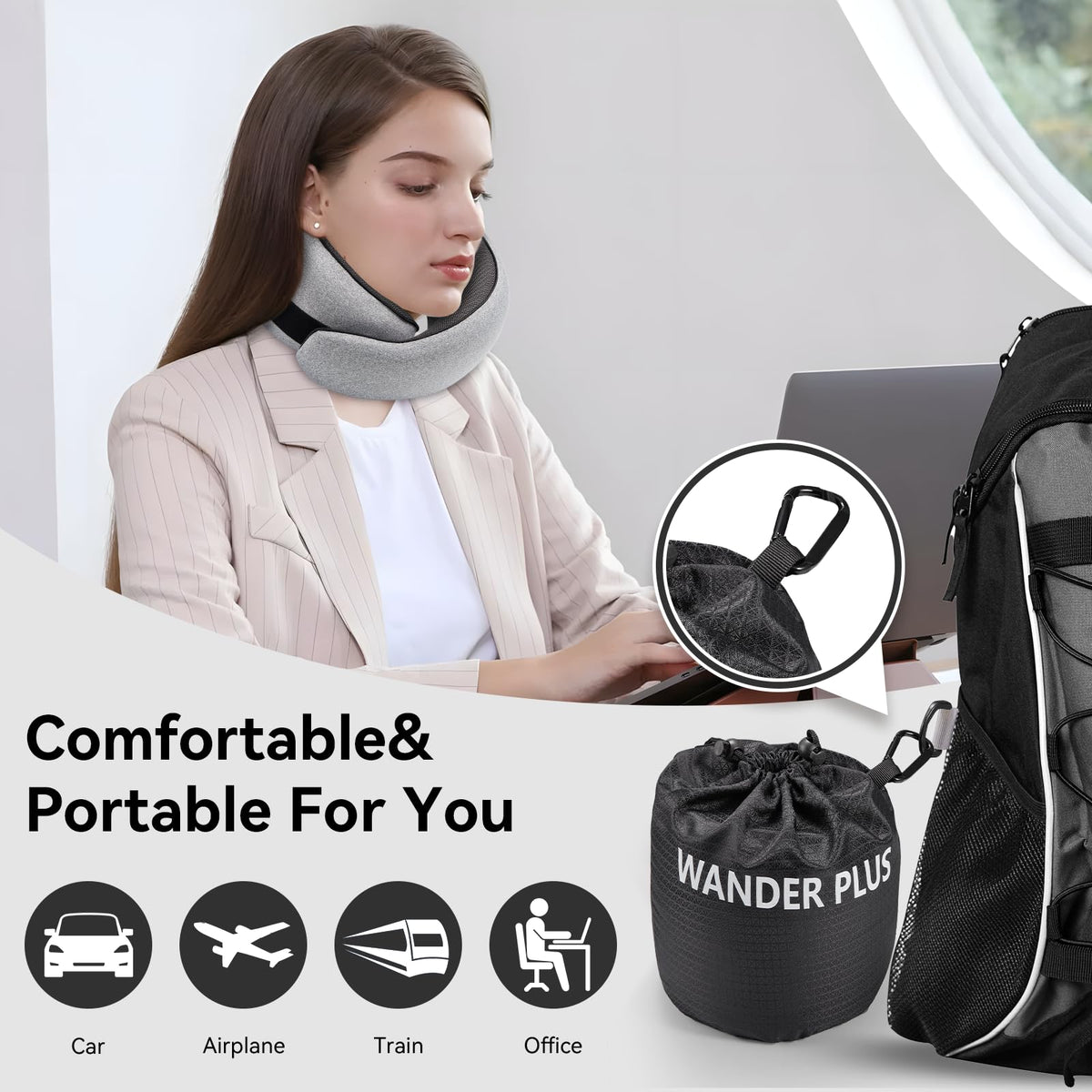 WANDER PLUS® Travel Pillow, 100% Pure Memory Foam Travel Neck Pillow Airplane Neck Support Ergonomic Design Best for Sleeping Plane Car Train Office Flight for Adults Black