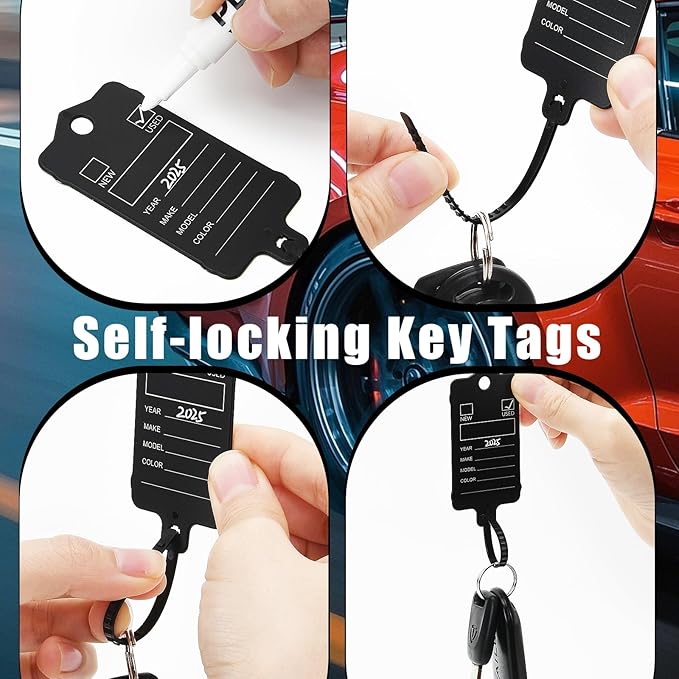 50 Car Key Tags with Labels Plastic Car Dealership Key Tags Self Locking Automotive Identifiers Blank Shop Labels with One Pen (Black)