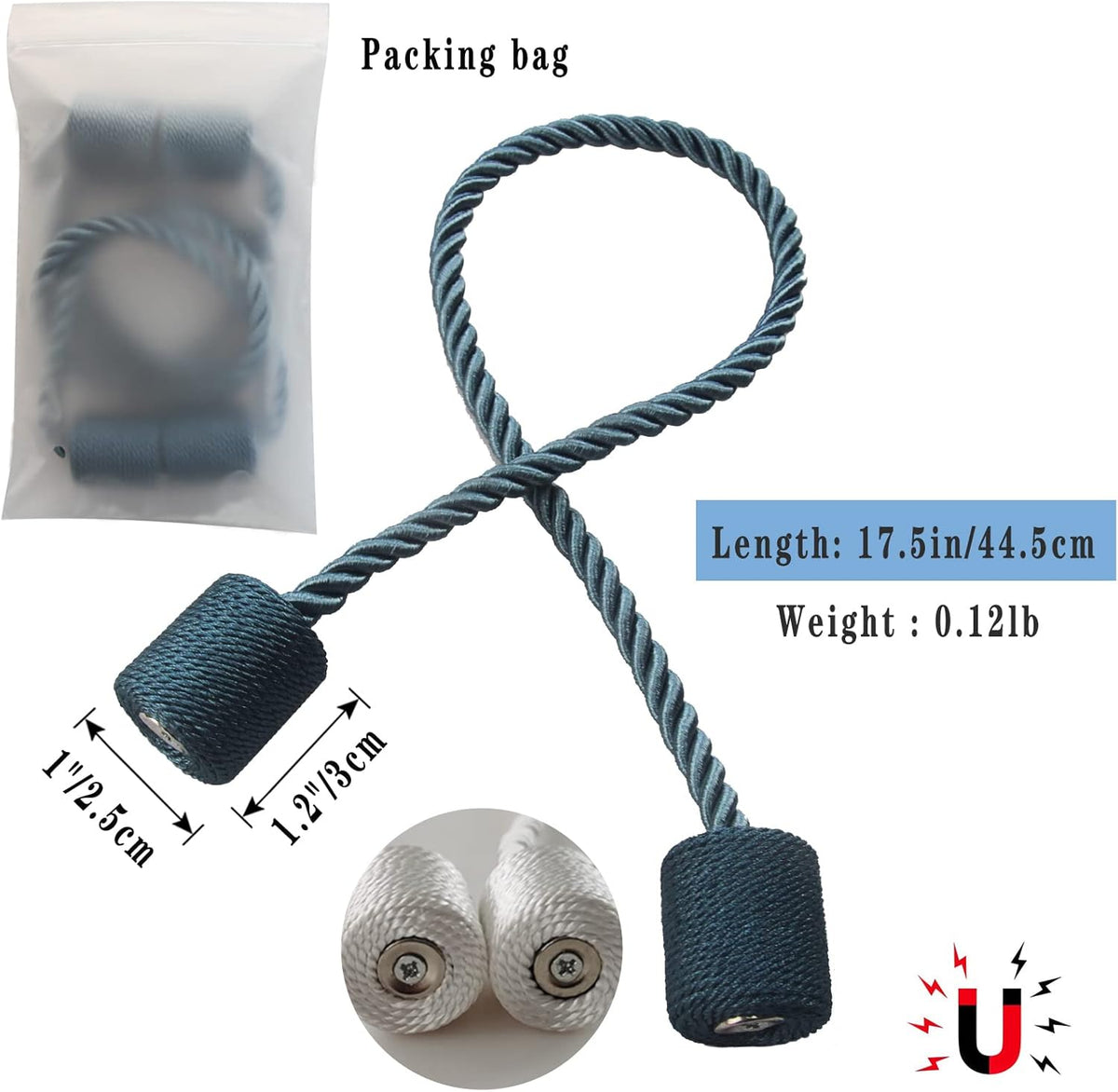 Magnetic Curtain Tiebacks 2 Pack Blue Curtain Rope Tieback Curtain Holders for Drapes Modern Tie Backs Decorative Curtain Holdbacks