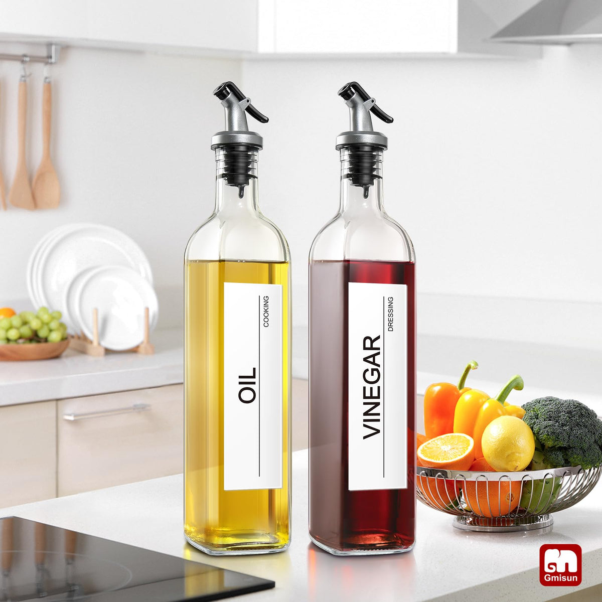 GMISUN Olive Oil Dispenser for Kitchen 4 Pack, Glass Oil Dispenser Bottle 17oz, Cooking Soy Sauce Bottle Container Cruet with Plastic Pourer Spout, Funnel and Labels, Clear