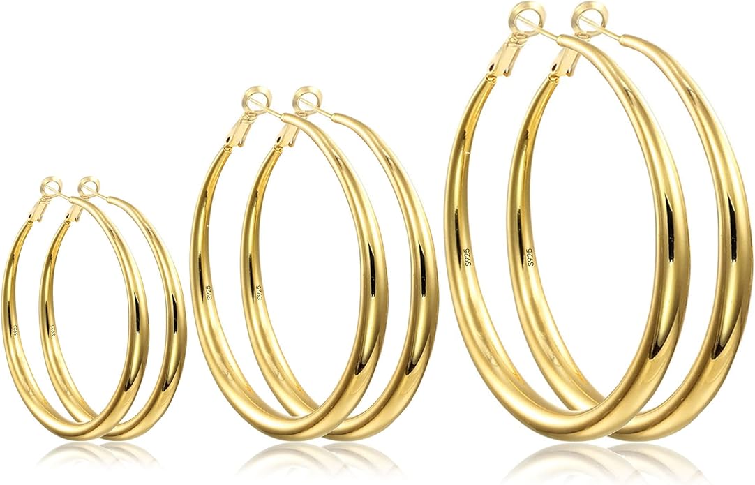 EXGOX Sterling Silver Hoop Earrings - Hypoallergenic, Lightweight, Chunky, 14K Real Gold Plated, Big Large Hoops for Women