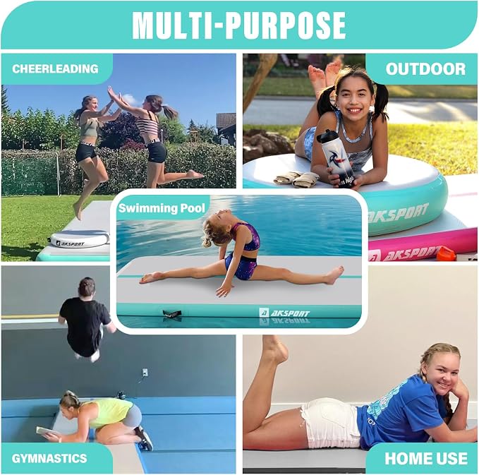 AKSPORT Inflatable Gymnatsics Mat Tumble Track 10ft 13ft 16ft 20ft 23ft Air Tumbling Mat with Air Pump for Home Use/Training/Cheerleading/Yoga