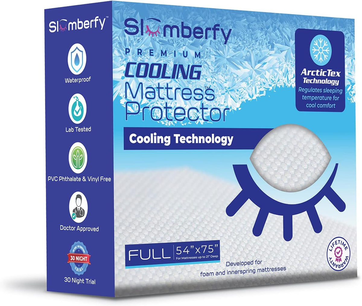Full Size Waterproof Cooling Mattress Protector by Slumberfy - Premium Skin-Safe Cover, Natural Fabric with ArcticTex Technology, Noiseless Quilted Cover â 54x75 in.