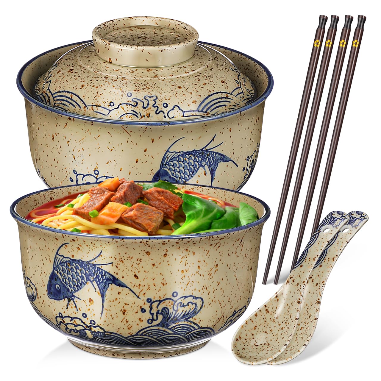 Cabilock 2 Pieces Ceramic Ramen Bowls, 25 Oz Large Soup Bowl with Lid, Spoon Chopstick Japanese Tableware for Noodles, Salad, Rice, Microwave Dishwasher Korean Clay Pot - Fish