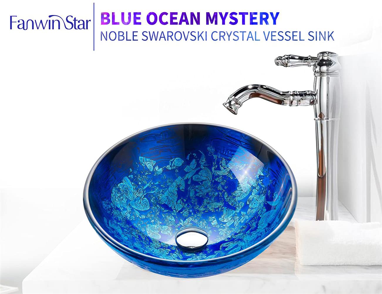 Fanwin Star Blue OceanMystery Series Tempered Deco Glass Vessel Bathroom Sink in Starry Blue | Top Mount Sinks Above Countertop | Vanity Countertop Sink Bowl with Pop Up Drain |FW-LA604
