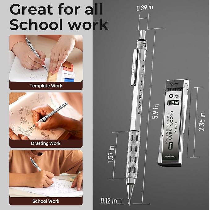 Nicpro 3 Pack Blocky Gear 0.5 mm Metal Mechanical Pencils Set with Case, Lead Drafting Pencil with 8 Tube (480PCS) Lead Refills(HB 2B), 4 Erasers, 18 Eraser Refills for Art Writing, Sketching Drawing