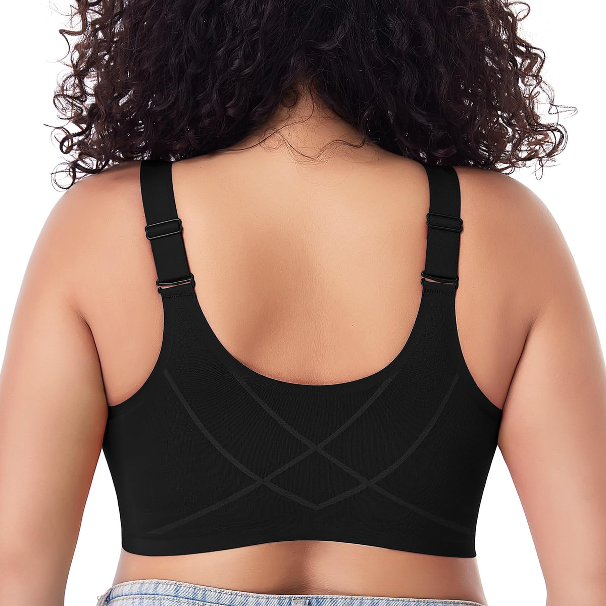 Starmiss Seamless Front Closure Bra for Women Posture Back Smoothing Wireless Brasieres, Black, L