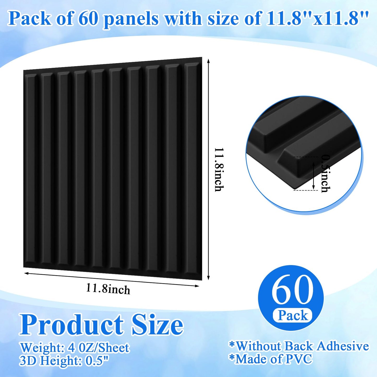 Nuanchu 32 Pcs 3D Wall Panels for Interior Wall Decor, 12''x12'' Fluted Textured Black Accent Tiles Waterproof Paintable for Living Room TV Background Bedroom Bathroom Gaming Room, 58 Sq. ft Coverage