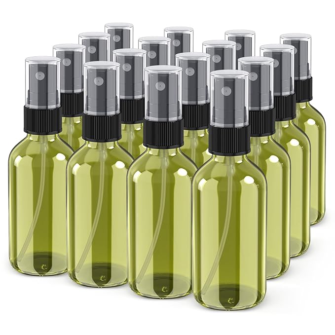 Wedama Spray Bottle, 4 oz Fine Mist Glass Spray Bottles, Little Refillable Liquid Containers for Watering Flowers Cleaning (16 Pack Olive Green)