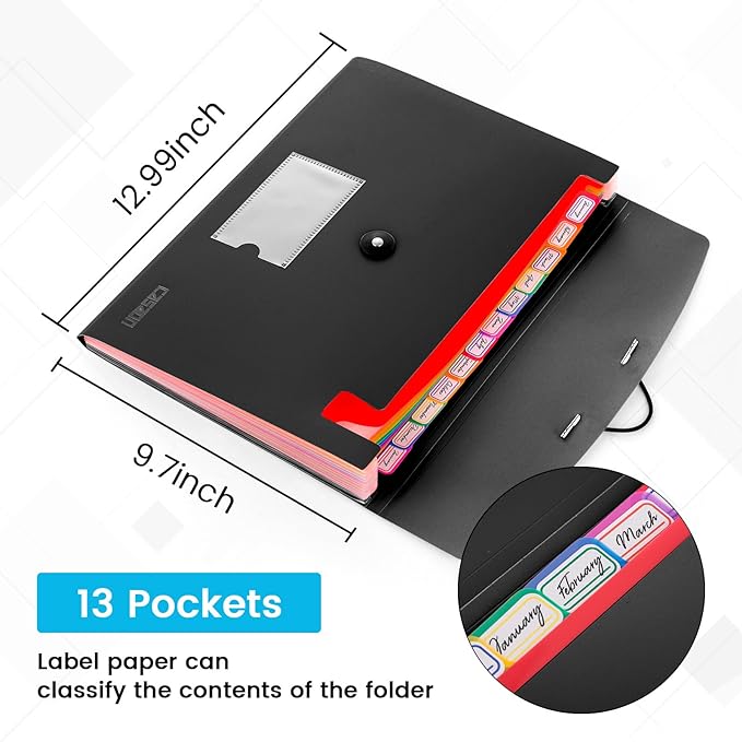 13 Pocket Expanding File Folder Accordian File Organizer, A4 Letter Size Paper Document Receipt Holder for School Office Supplies, Black
