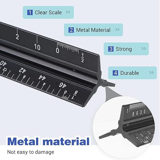 DIVINA VITAE 4pcs Architectural Scale Ruler, Aluminum, 12 Inch Imperial Engineering Scale Triangular Ruler for Architect, Civil Engineer, Draftsman