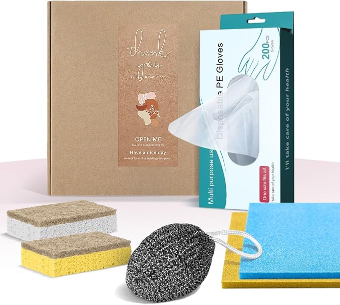 200PCS Plastic Gloves Disposable, Cellulose Kitchen Cleaning Sponge, Swedish dishcloths,Steel Wool Scrubbers,Set of Cleaning Supplies Housewarming Gift(6)
