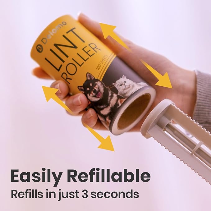 DELOMO Pet Lint Roller for Clothes – Lint Rollers for Pet Hair Extra Sticky, Mega Value Set of 400 Sheets (1 Roller + 3 Refills), Dog Cat Hair Remover for Couch, Furniture, Keep Your Home Tidy