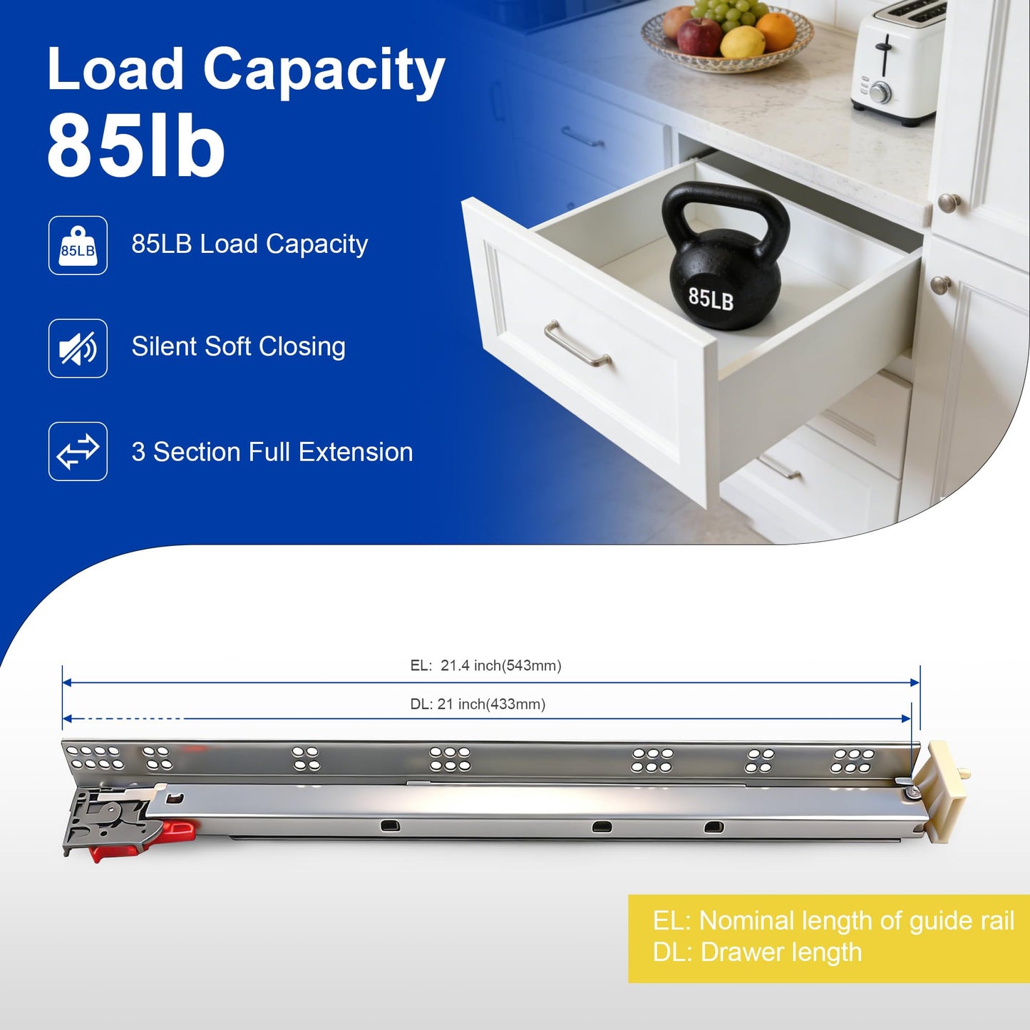 21 Inch Undermount Drawer Slides Full Extension Soft Close, 85 lb Heavy Duty, No Wobble Easy Mount Rails with All Hardware, Hidden Bottom Mount Concealed Runners for Face Frame Frameless, 1 Pair