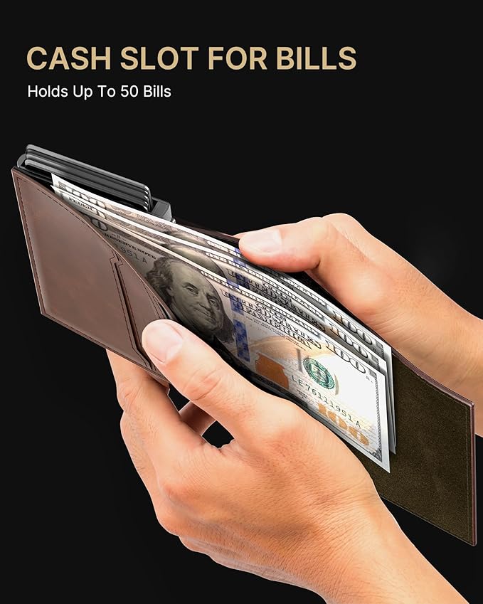 typecase Mens Wallet Card Holder: Pop Up Aluminum Case, Carbon Fiber Leather, Smart, RFID Blocking, Slim, Minimalist, Front Pocket - 9-14 Card Capacity | ID Window | Cash Slot (Skull)