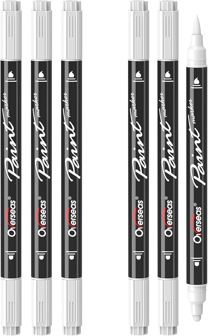 Overseas White Acrylic Paint Markers, 6 Pack Dual Tip Paint Pens Acrylic Markers - Dot and Brush Tip Coloring Marker for Wood, Rock, Canvas, Glass, Metal, Plastic, Rubber, Fabric, School Supplies