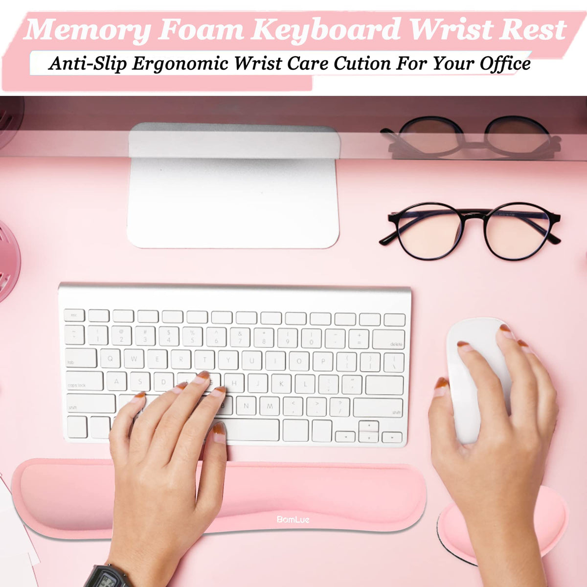 BamLue Upgrade Cleanable PU Leather Keyboard Wrist Rest, Gel Mouse Wrist Pillow Pad Set for Easy Typing & Pain Relief for Laptop, Office & Home, Ergonomic Sets for Keyboard-Pink