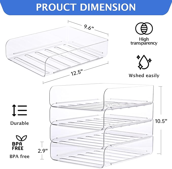 Set of 4 Office Organization and Storage, Clear PET Letter Tray Desk Organizer, Stackable Document and File Paper Organizer for Office Supplies