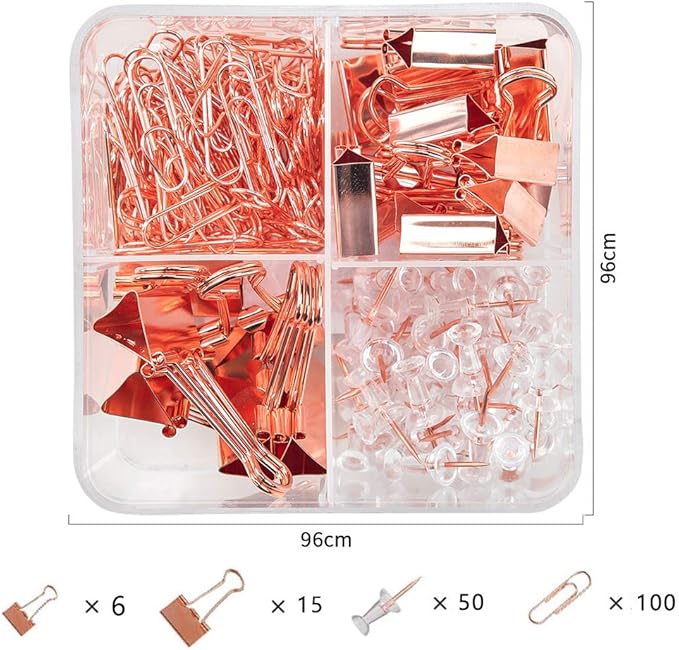 Paper Clips and Binder Clips Set, Metal Assorted Sized Binders with Push Pins, Cute Office Supplies for Desk, Desk Accessories (Square-Rose-Gold)
