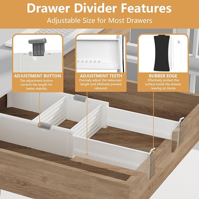 KABUM Upgrade Adjustable Drawer Divider Organizer Clothes Dresser Organizer,Expandable Organization for Home, Office,2.8" High Expandable from 11.7" to 18.5",4 Dividers with 6 Long and 2 Short Inserts