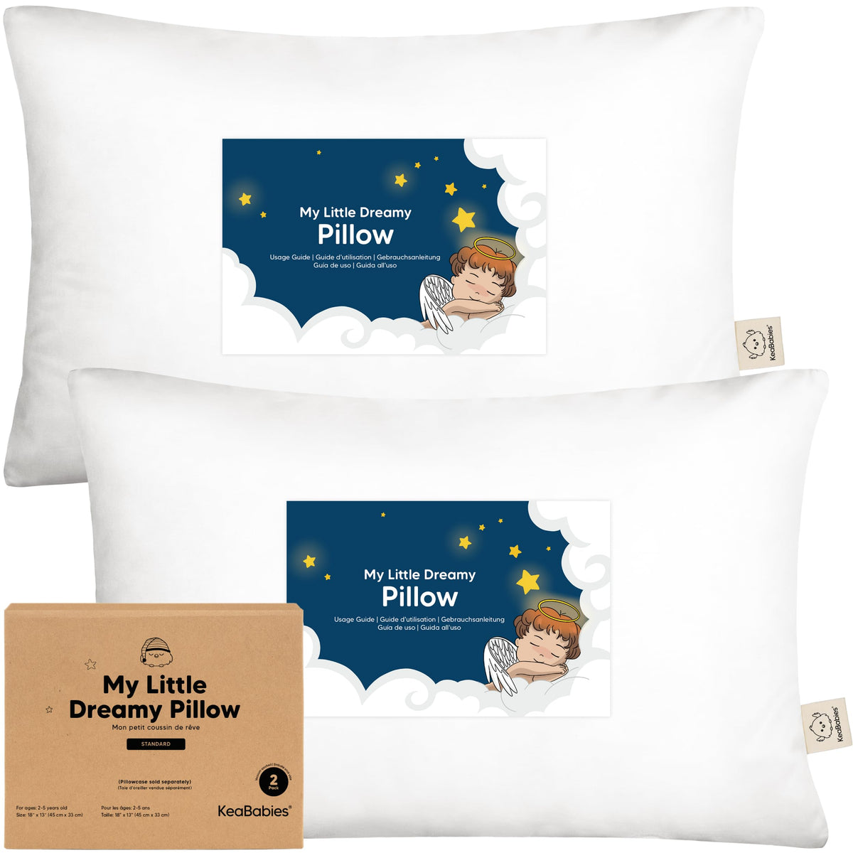 KeaBabies 2-Pack Toddler Pillow 13x18 - Soft Organic Cotton Kids Travel Bed Pillows for Sleeping, School, Nap, Machine Washable, Toddlers 2 to 5, Pillowcase Sold Separately (Soft White)